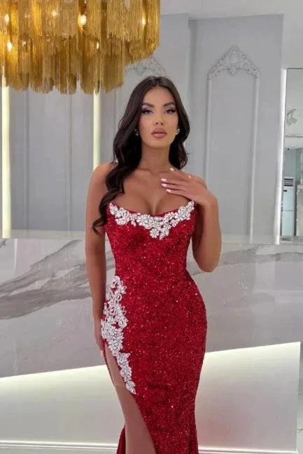 Burgundy Split Front Mermaid Floor-Length Prom Dress with Appliques - Image 2