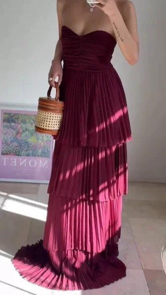 Burgundy Strapless Chiffon Pleated Tiered Long Evening Dress A Line Prom Dress Y8503 - Image 2