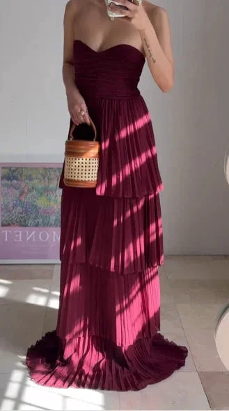 Burgundy Strapless Chiffon Pleated Tiered Long Evening Dress A Line Prom Dress Y8503 - Image 3
