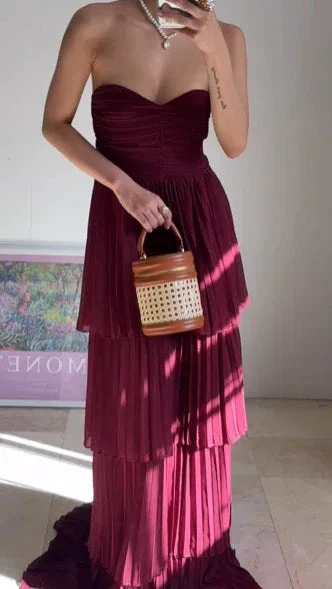 Burgundy Strapless Chiffon Pleated Tiered Long Evening Dress A Line Prom Dress Y8503 - Image 4