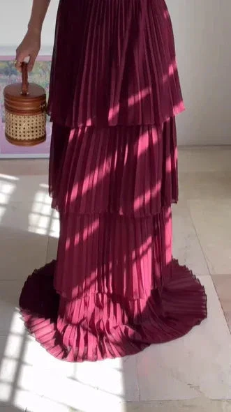 Burgundy Strapless Chiffon Pleated Tiered Long Evening Dress A Line Prom Dress Y8503 - Image 5