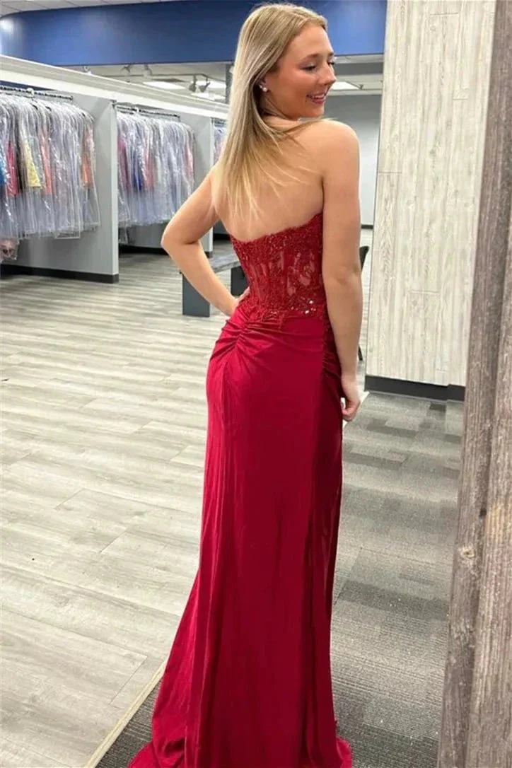 Burgundy Strapless Mermaid Appliques StraplessProm Dress with Slit PSK467 - Image 4