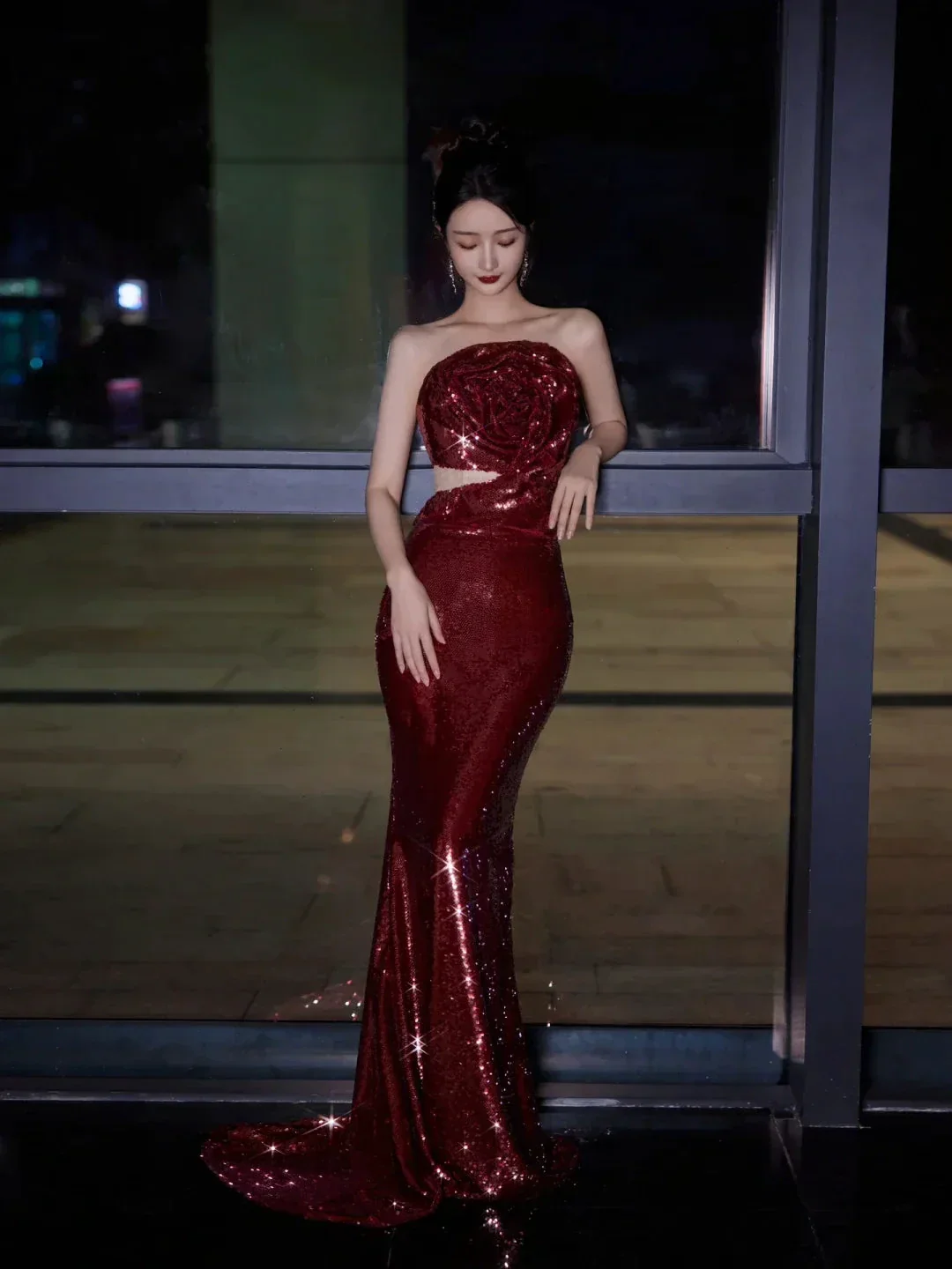 Burgundy Strapless Sequin Rose Flowers Prom Dress Mermaid Long Evening Dress Y8595 - Image 3