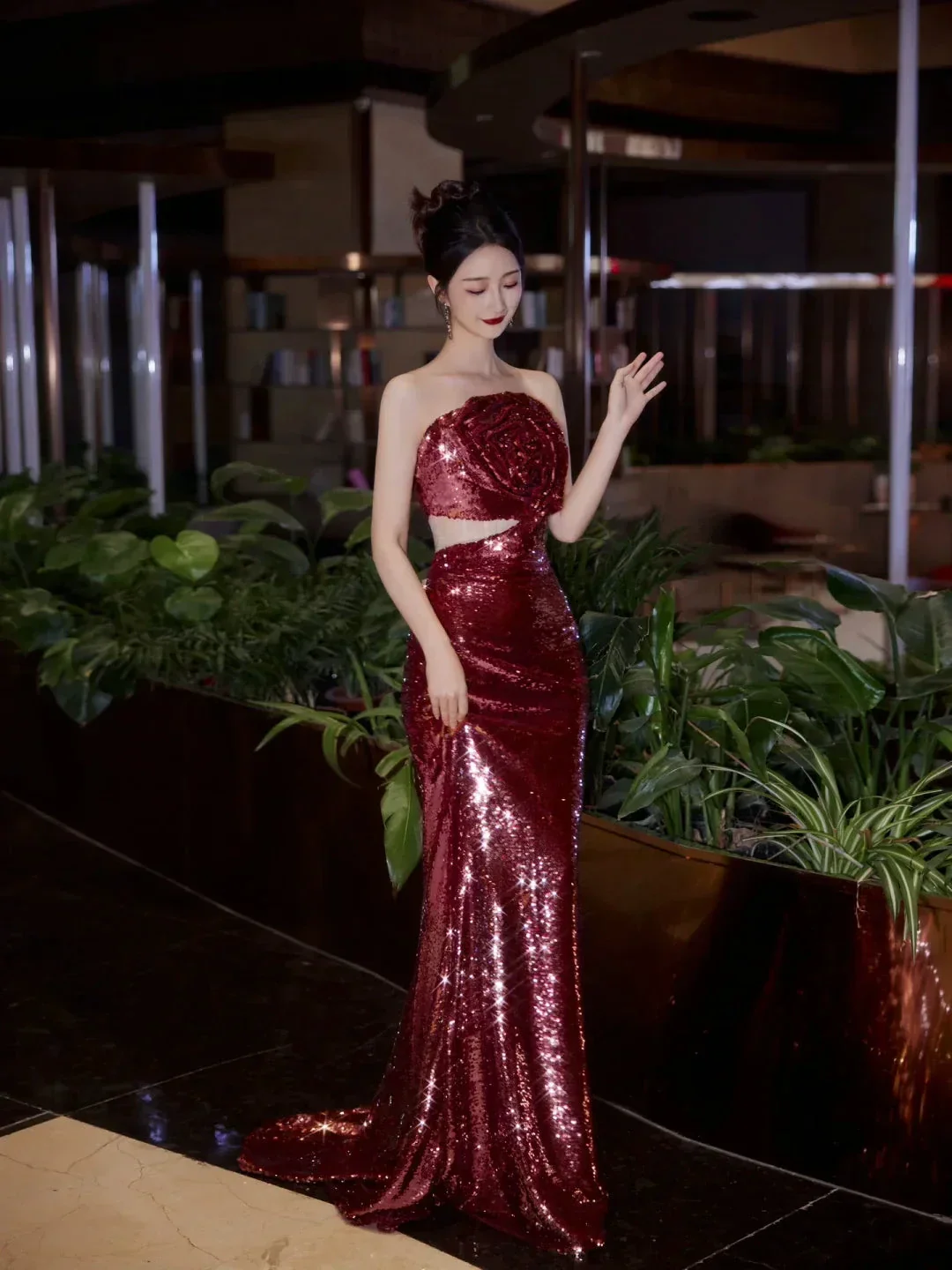 Burgundy Strapless Sequin Rose Flowers Prom Dress Mermaid Long Evening Dress Y8595 - Image 5