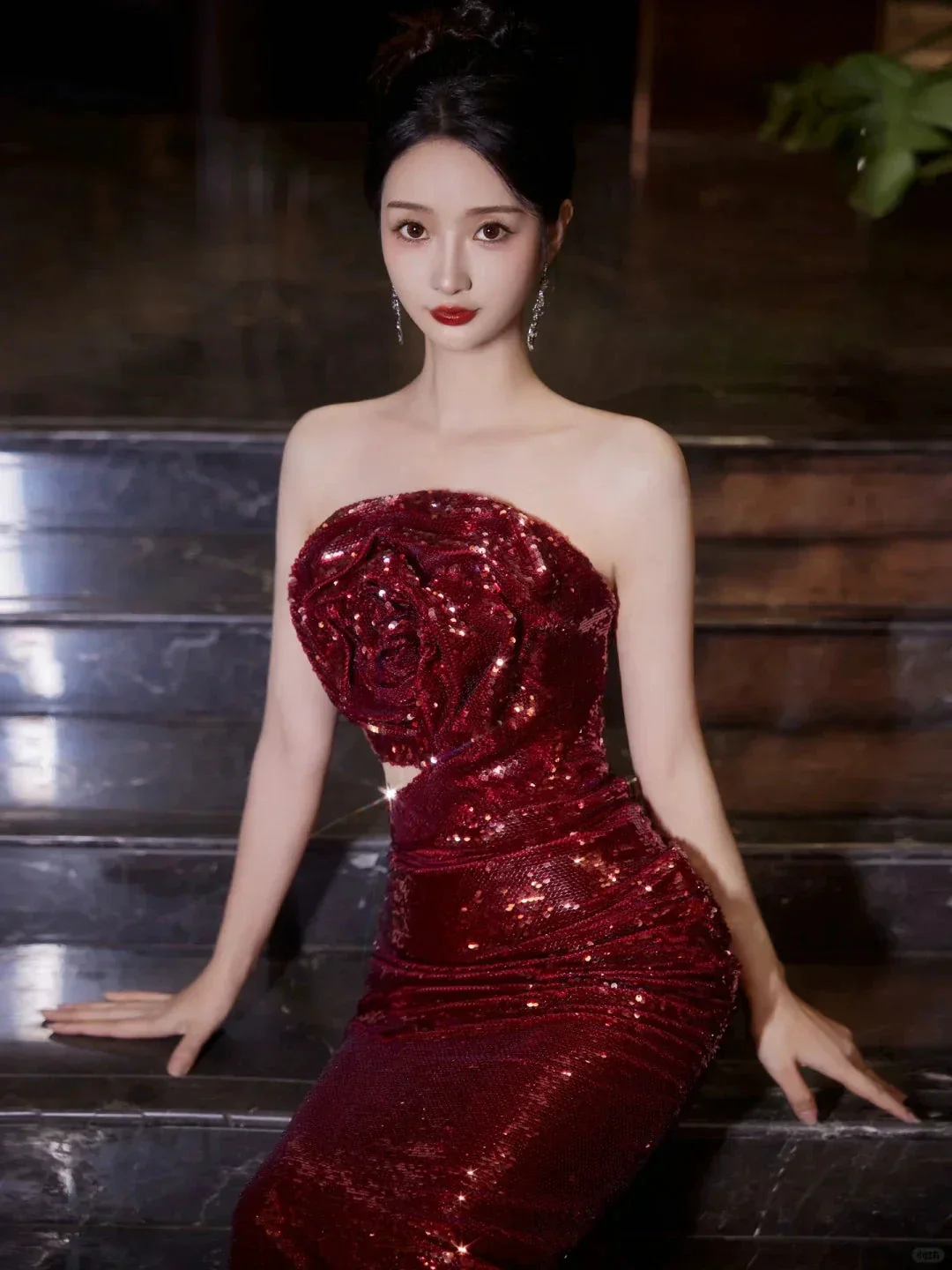 Burgundy Strapless Sequin Rose Flowers Prom Dress Mermaid Long Evening Dress Y8595 - Image 6