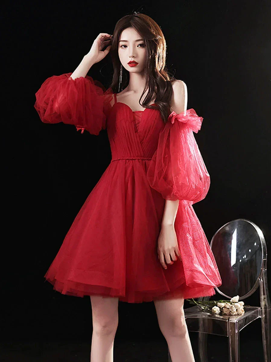 Burgundy sweetheart neck tulle short prom dress burgundy homecoming dress Y2889 - Image 3