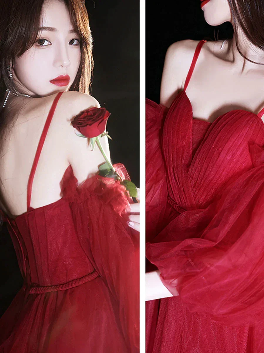 Burgundy sweetheart neck tulle short prom dress burgundy homecoming dress Y2889 - Image 4