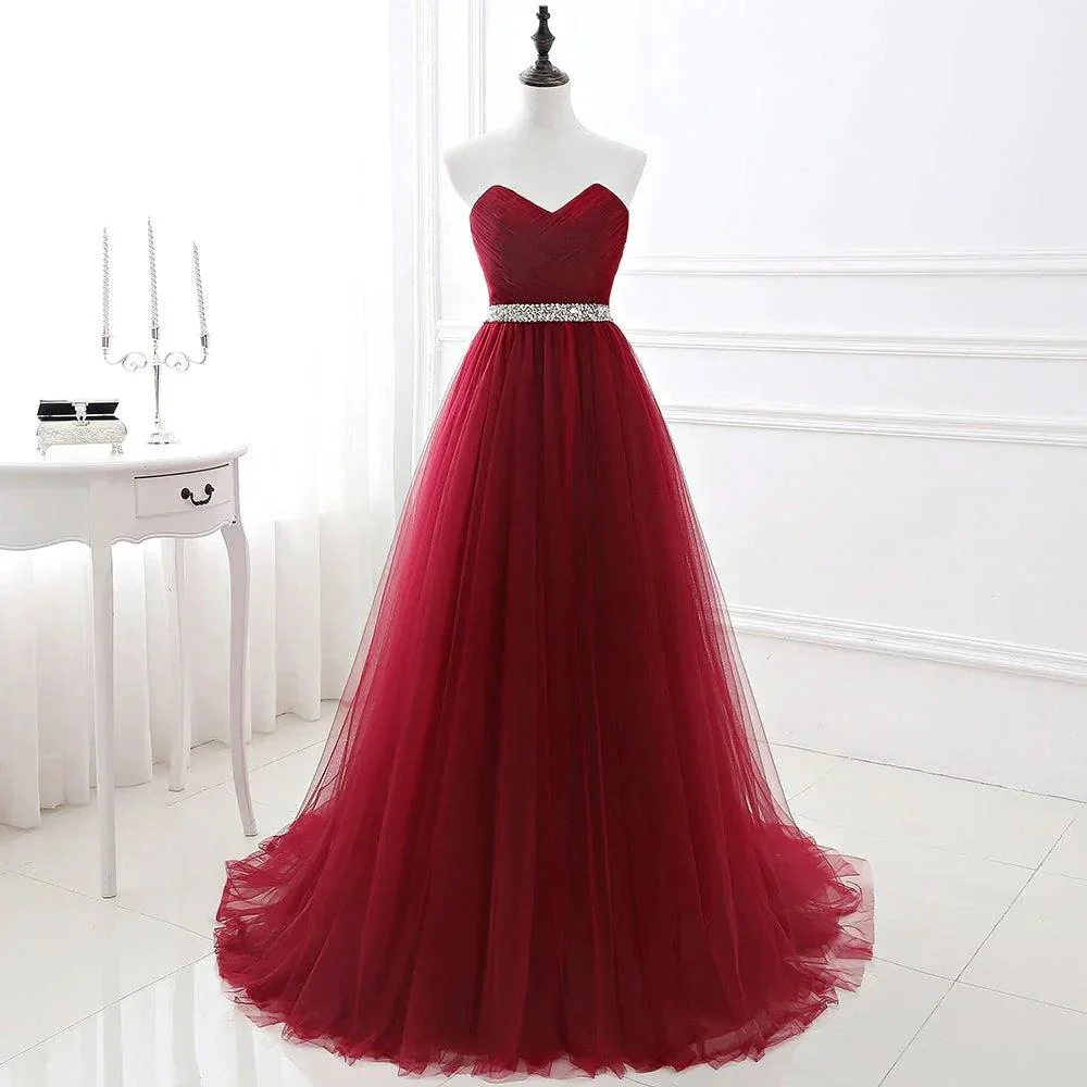 Burgundy Tulle A-line Sweetheart Prom Dress - Image 14