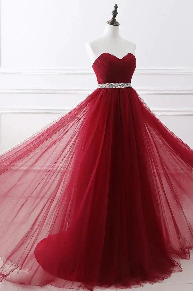 Burgundy Tulle A-line Sweetheart Prom Dress - Image 3