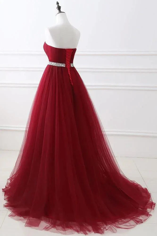 Burgundy Tulle A-line Sweetheart Prom Dress - Image 4