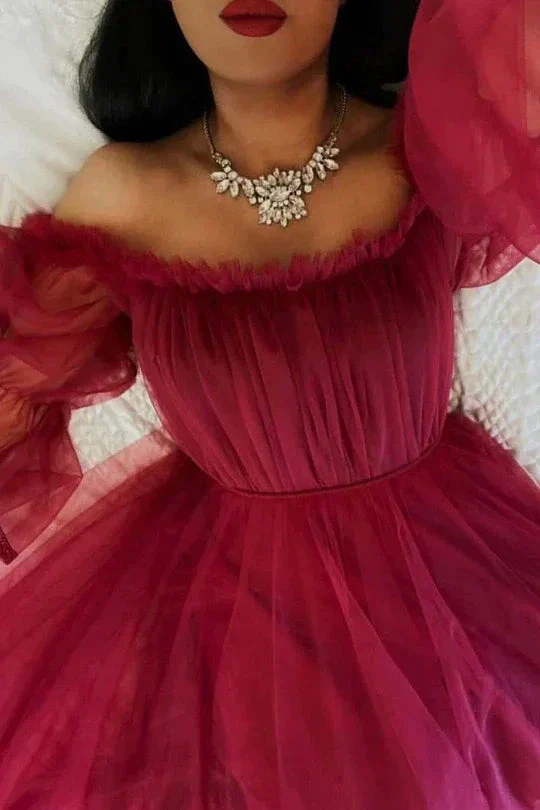 Burgundy Tulle Evening Dress With Long Sleeves Y503 - Image 2