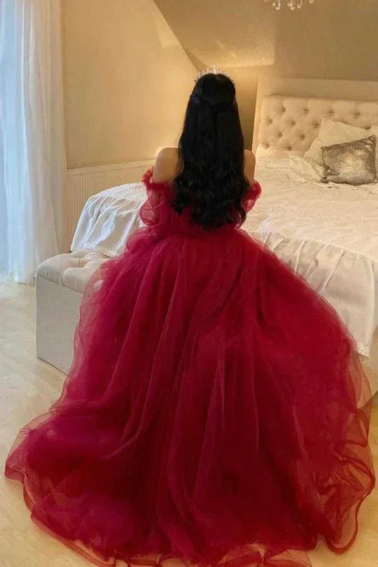Burgundy Tulle Evening Dress With Long Sleeves Y503 - Image 3