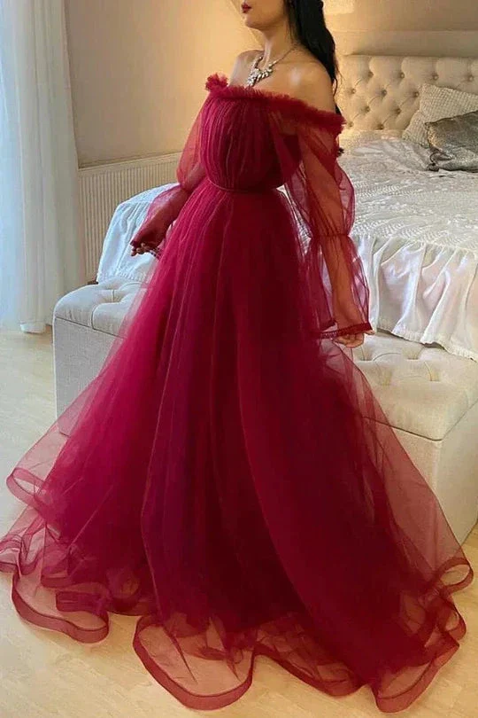 Burgundy Tulle Evening Dress With Long Sleeves Y503 - Image 4