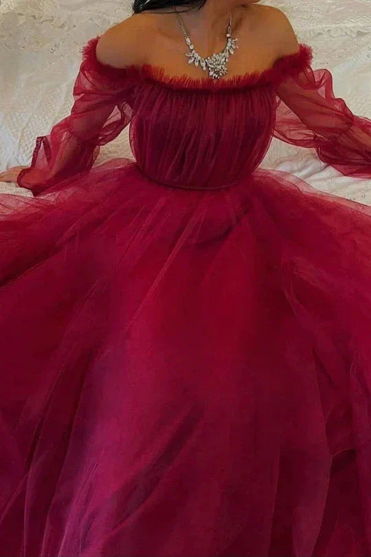 Burgundy Tulle Evening Dress With Long Sleeves Y503 - Image 5