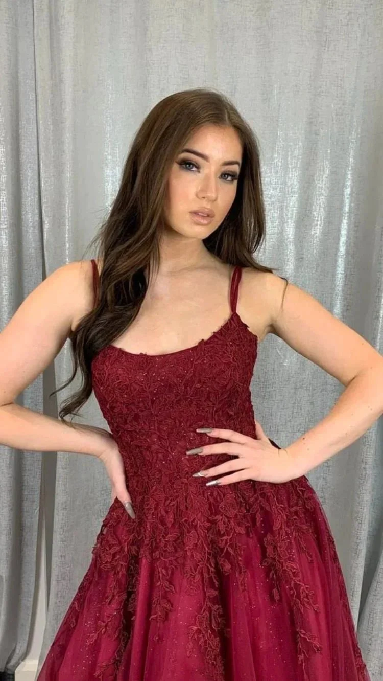 Burgundy tulle lace long prom dress A line evening dress Y1546 - Image 2