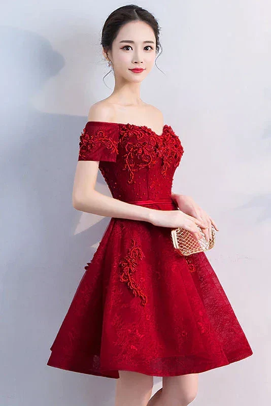 Burgundy tulle lace short homecoming dress Y256 - Image 2