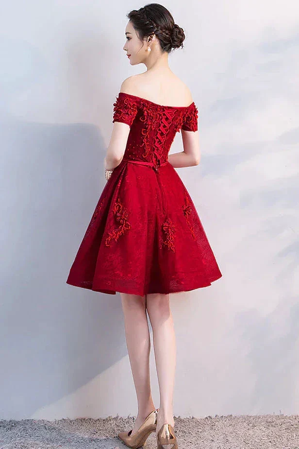 Burgundy tulle lace short homecoming dress Y256 - Image 3