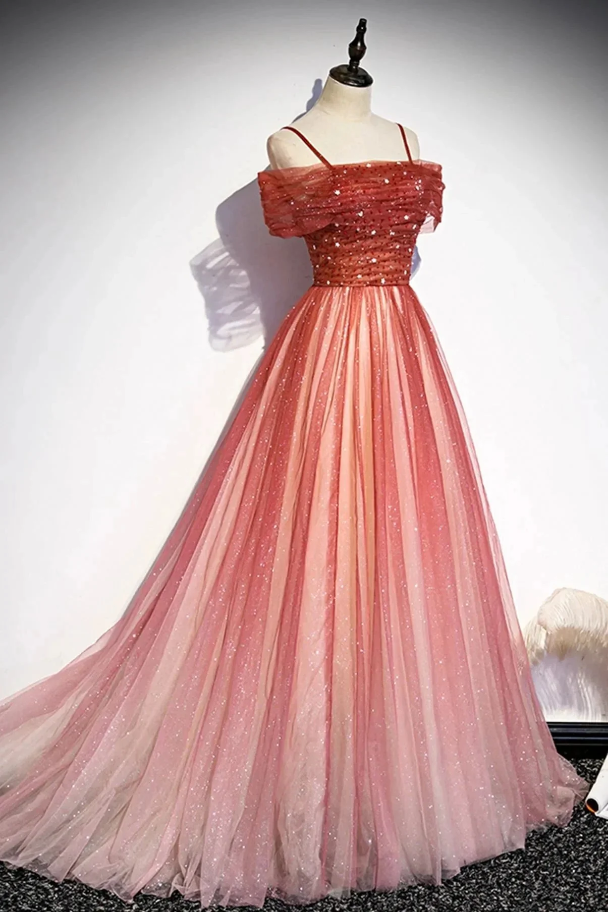 Burgundy tulle long A line prom dress evening dress s75 - Image 2