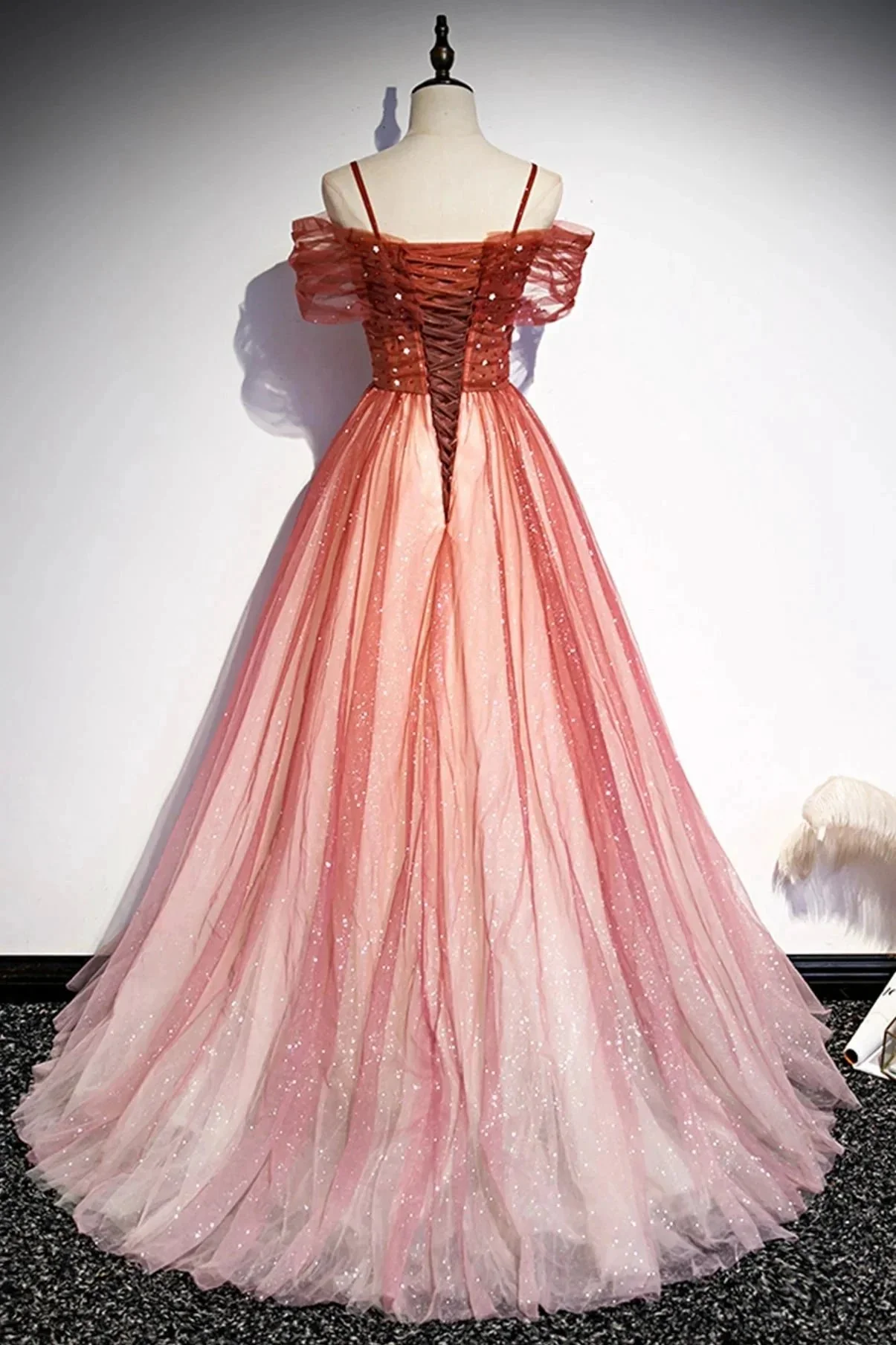 Burgundy tulle long A line prom dress evening dress s75 - Image 3