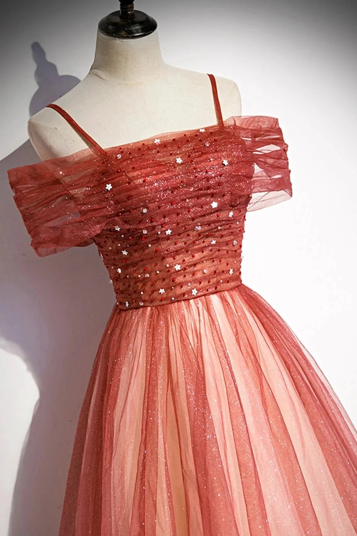 Burgundy tulle long A line prom dress evening dress s75 - Image 4