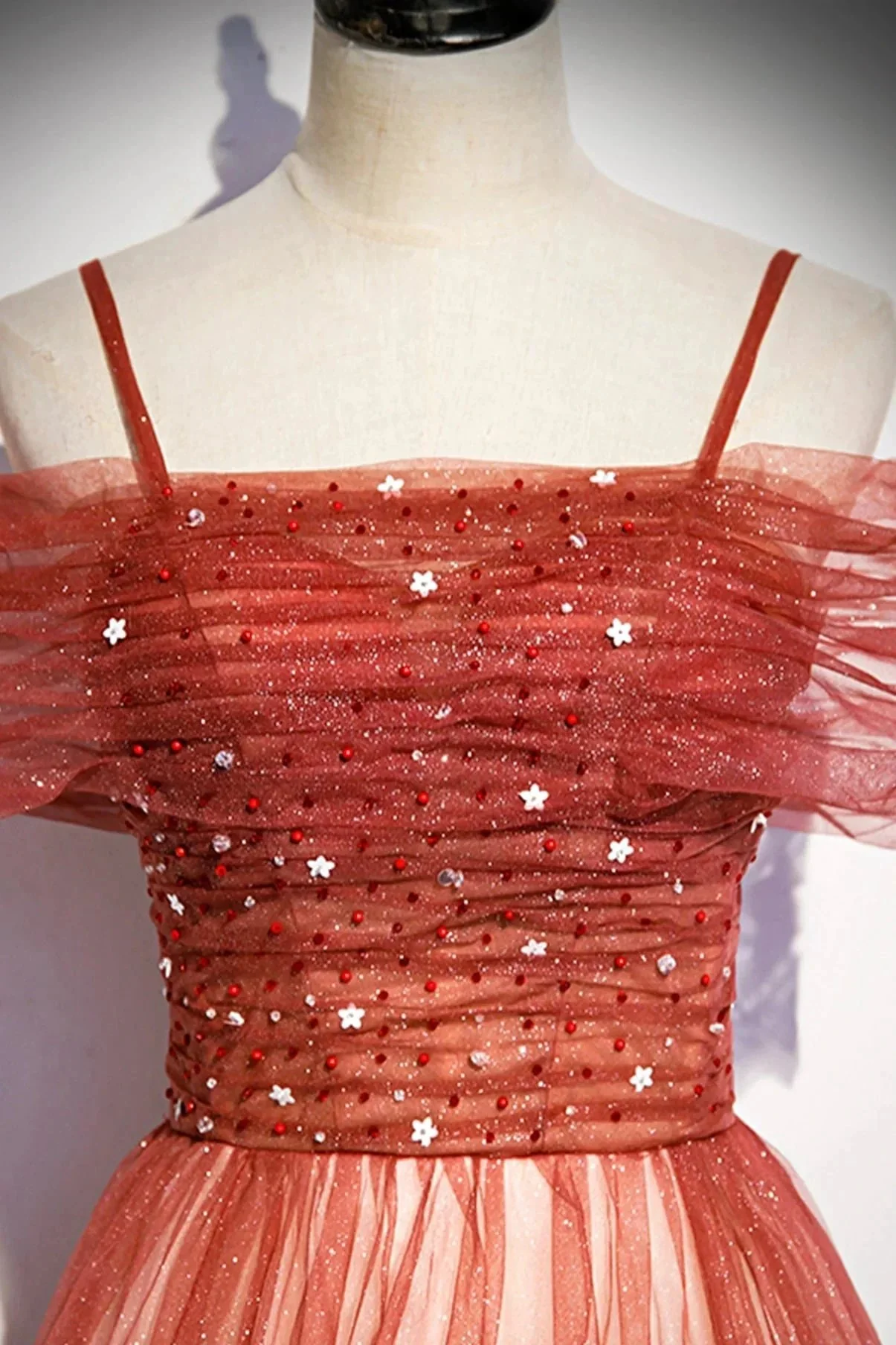 Burgundy tulle long A line prom dress evening dress s75 - Image 5