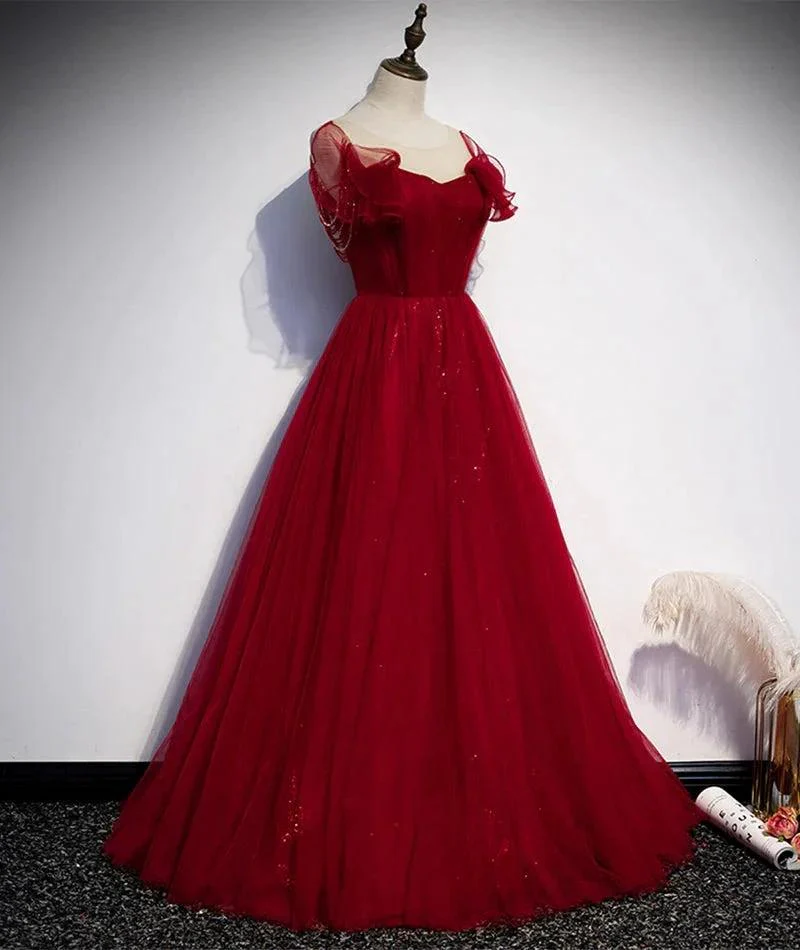 Burgundy tulle long prom dress evening dress s82 - Image 2