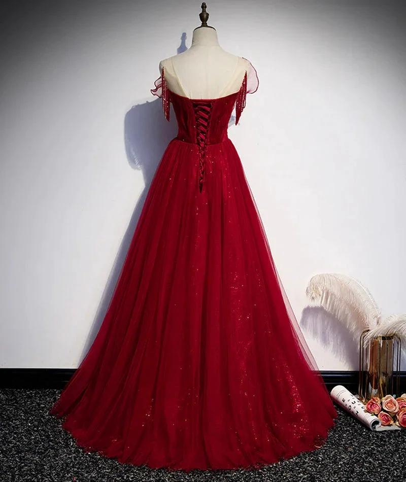 Burgundy tulle long prom dress evening dress s82 - Image 3