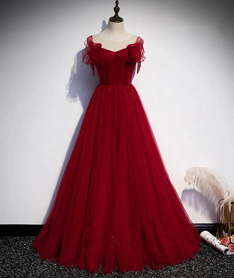 Burgundy tulle long prom dress evening dress s82 - Image 4