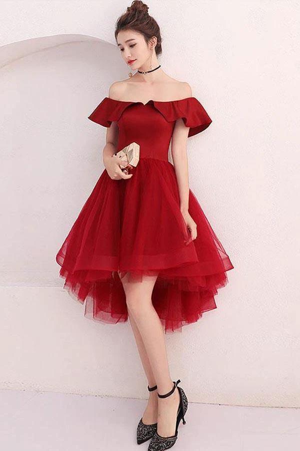 Burgundy Tulle Off Shoulder Short Prom Dress Burgundy Homecoming Dress PD220 - Image 2
