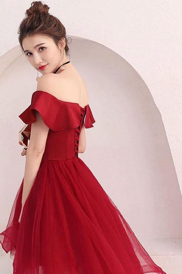 Burgundy Tulle Off Shoulder Short Prom Dress Burgundy Homecoming Dress PD220 - Image 3