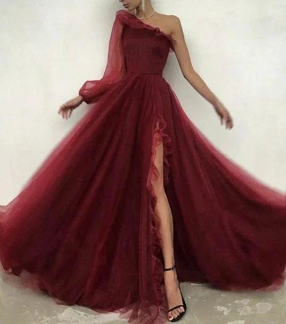 Burgundy tulle prom dress one shoulder evening dress S17925 - Image 2