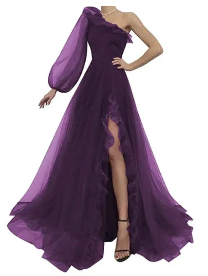 Burgundy tulle prom dress one shoulder evening dress S17925 - Image 3