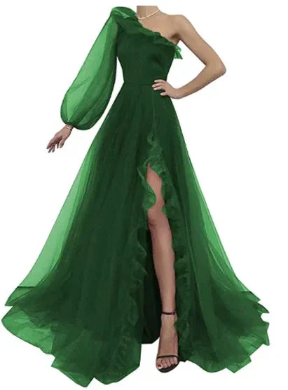 Burgundy tulle prom dress one shoulder evening dress S17925 - Image 4