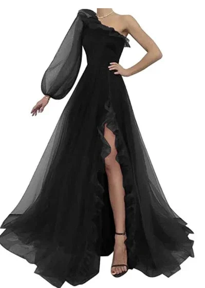 Burgundy tulle prom dress one shoulder evening dress S17925 - Image 5