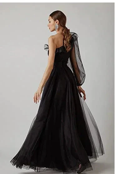 Burgundy tulle prom dress one shoulder evening dress S17925 - Image 6