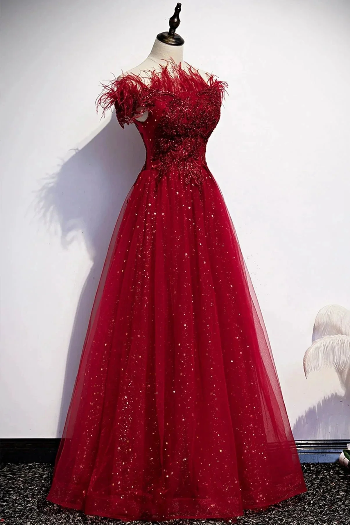Burgundy tulle sequins long A line prom dress evening dress s69 - Image 2