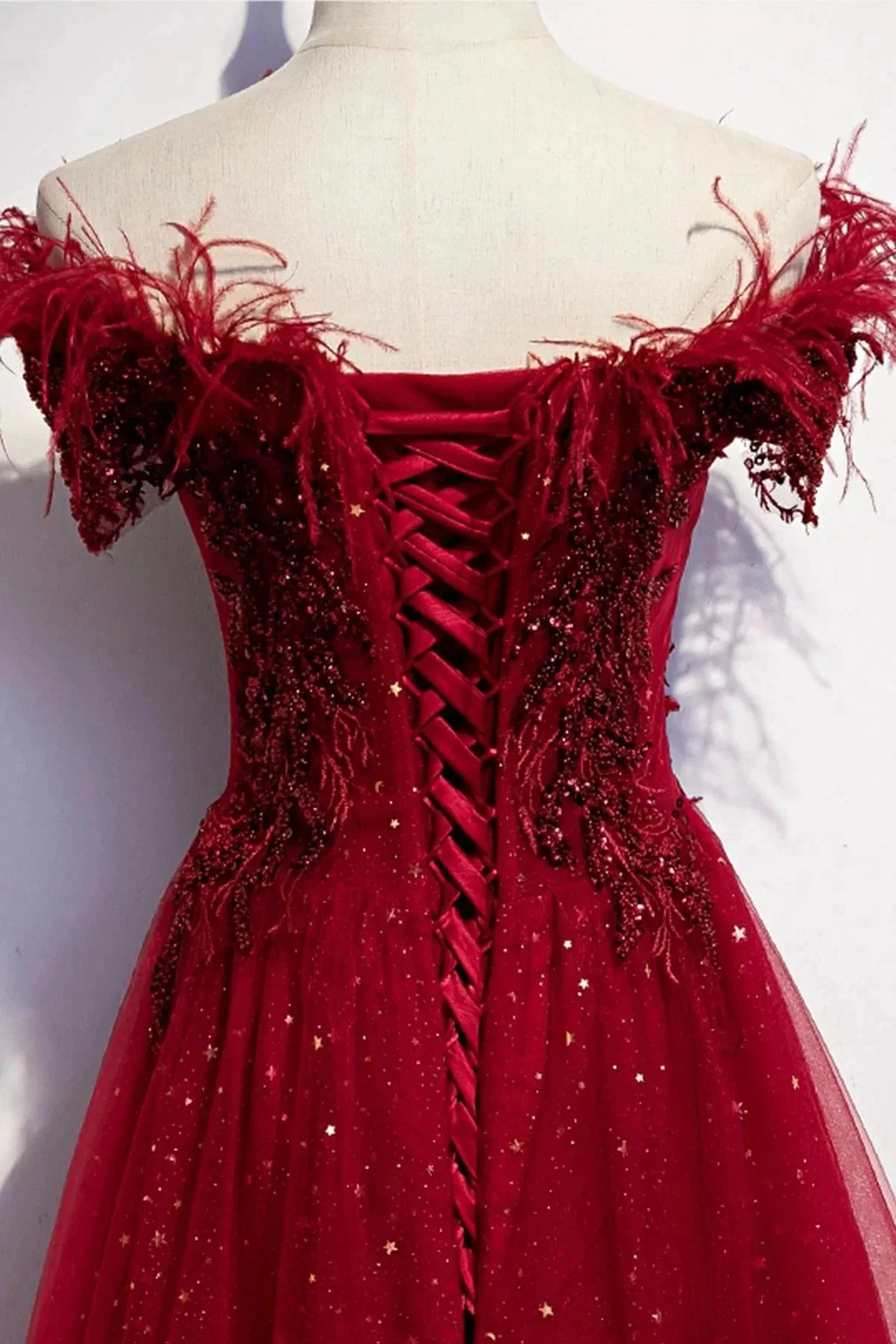 Burgundy tulle sequins long A line prom dress evening dress s69 - Image 3
