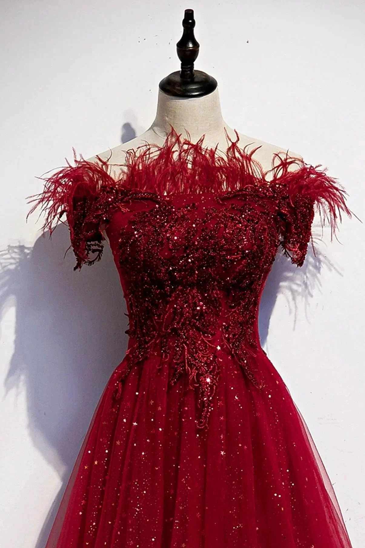 Burgundy tulle sequins long A line prom dress evening dress s69 - Image 4