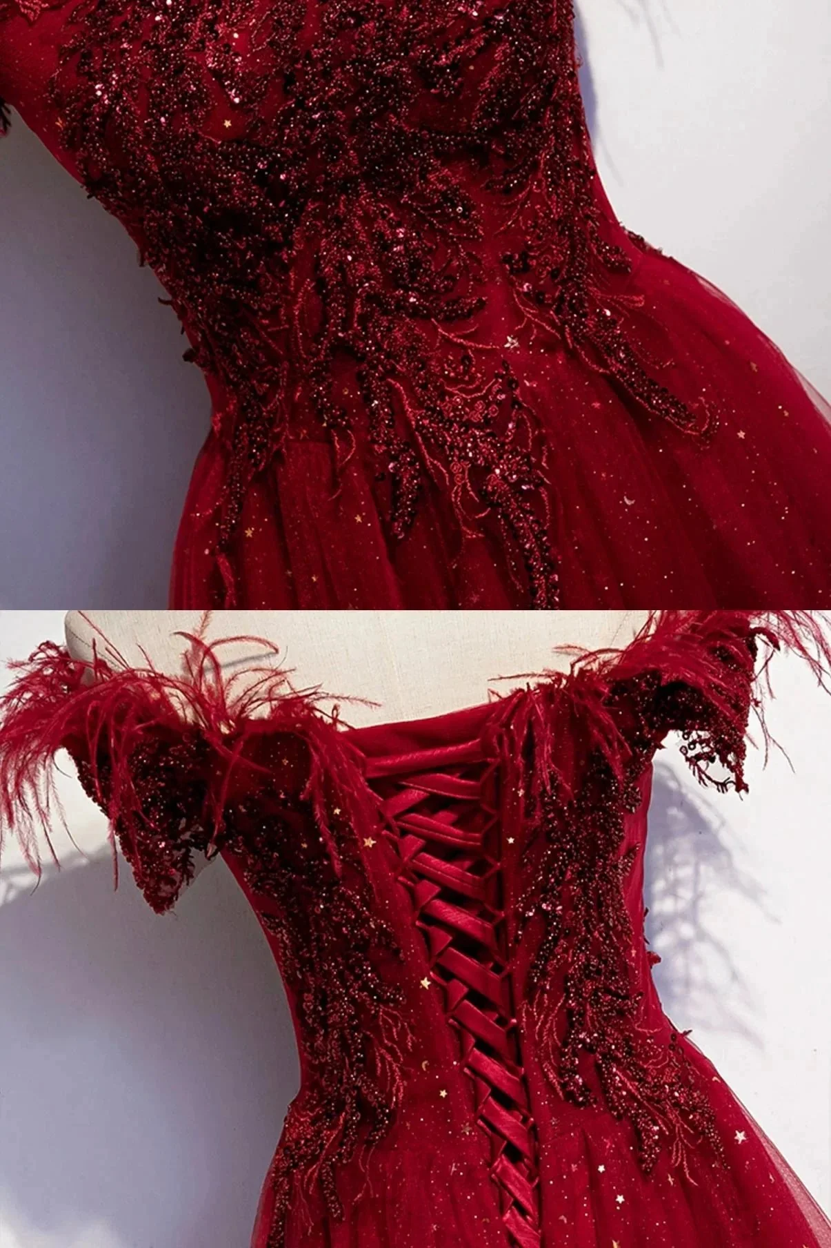 Burgundy tulle sequins long A line prom dress evening dress s69 - Image 5