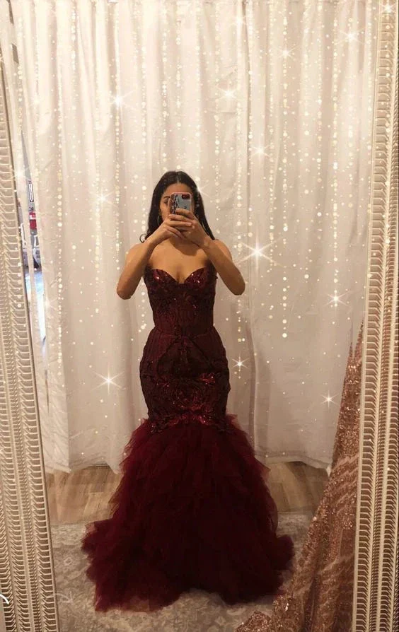 Burgundy tulle sequins long mermaid prom dress evening dress Y6351 - Image 2