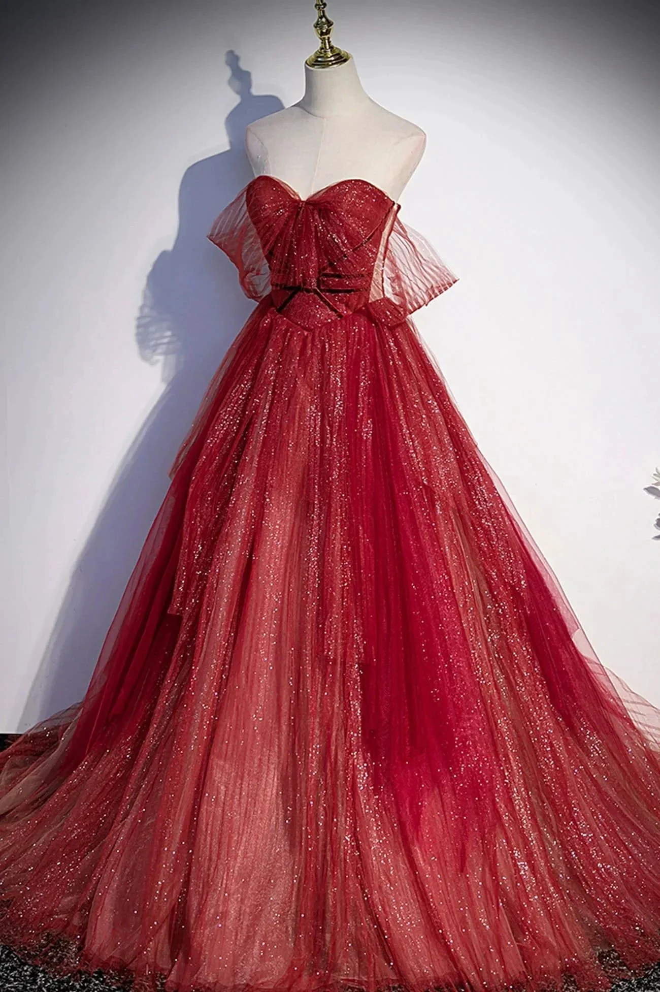 Burgundy tulle sequins long prom dress A line evening gown s55 - Image 2
