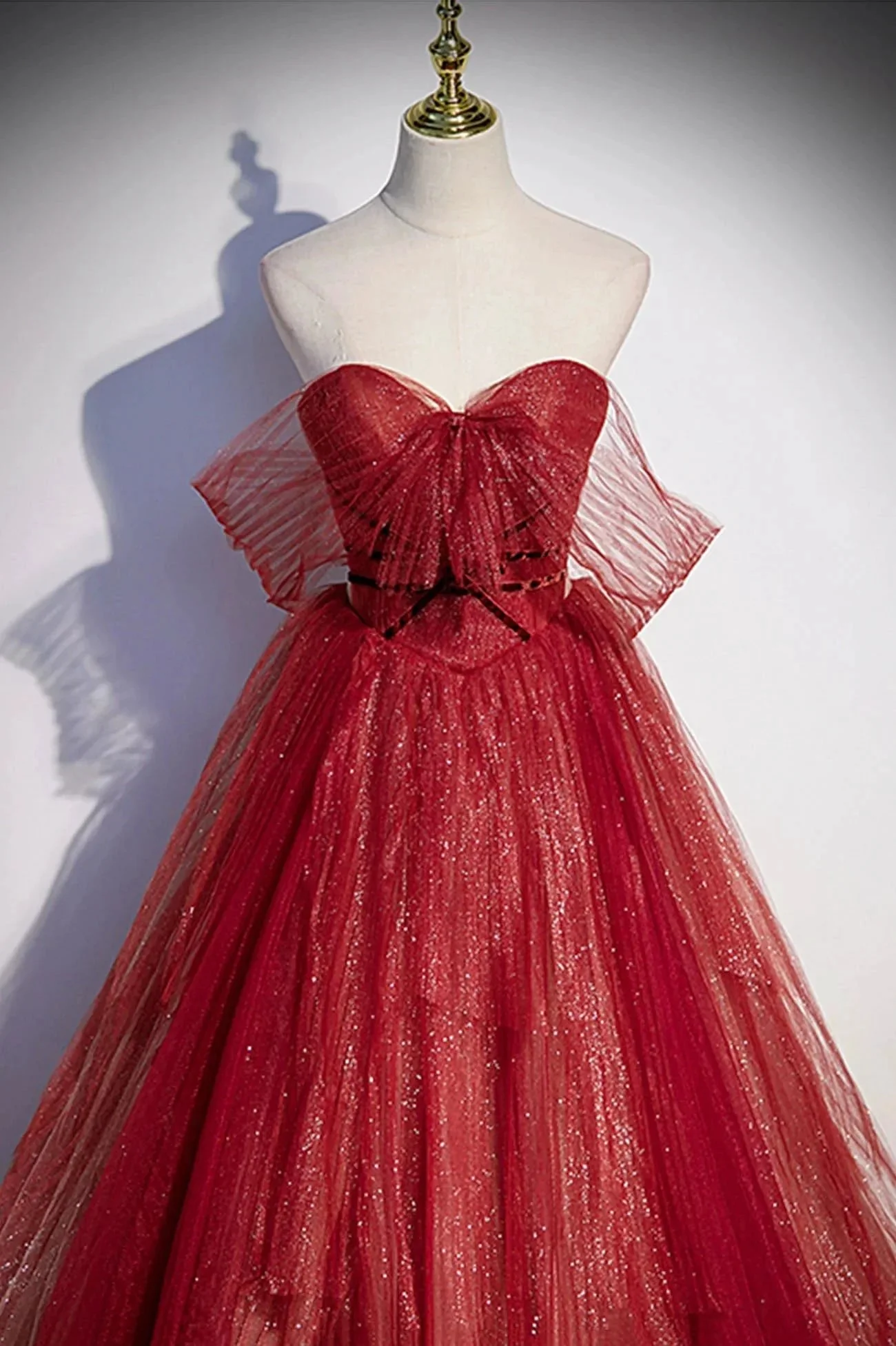 Burgundy tulle sequins long prom dress A line evening gown s55 - Image 3