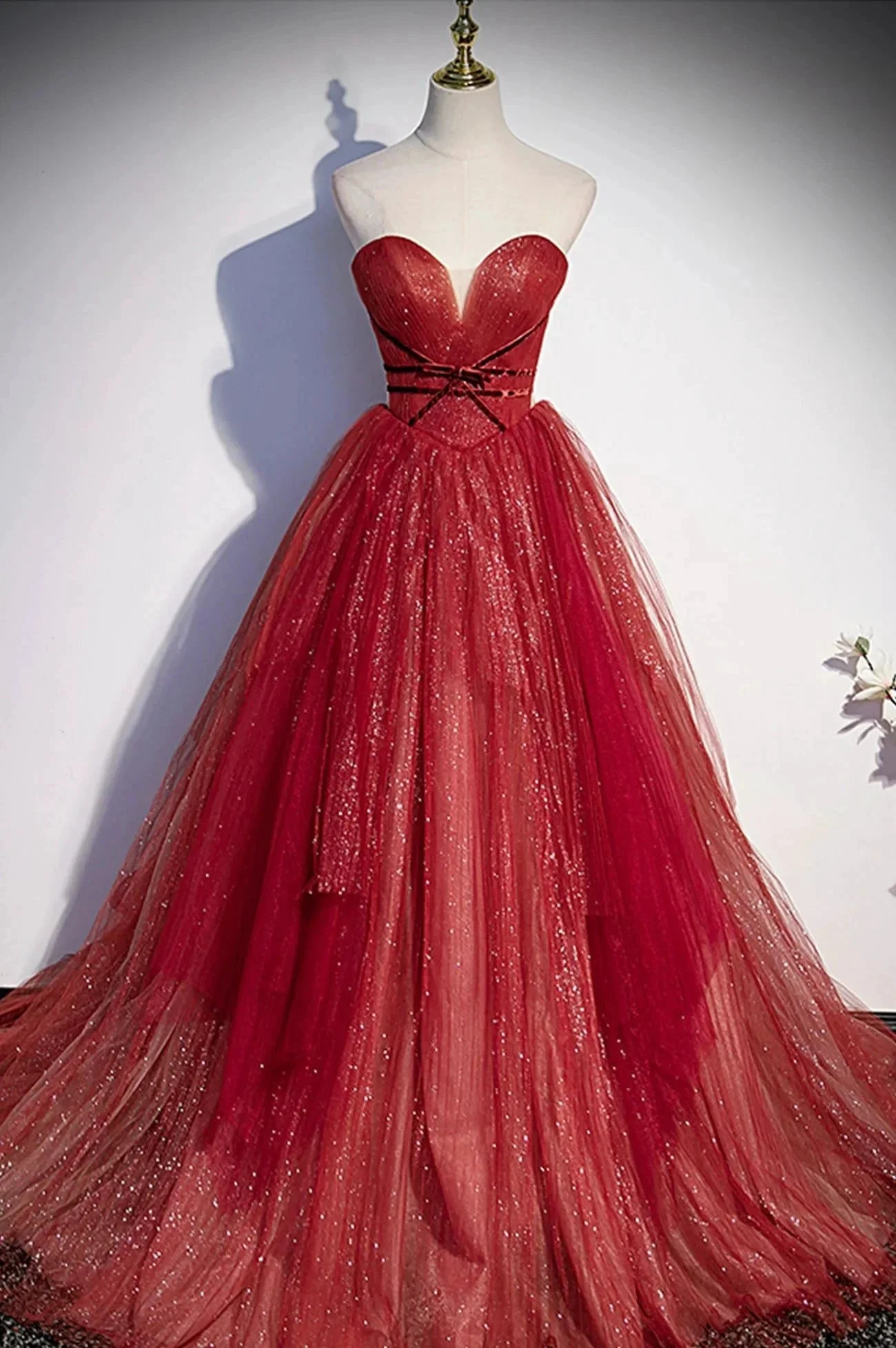 Burgundy tulle sequins long prom dress A line evening gown s55 - Image 4