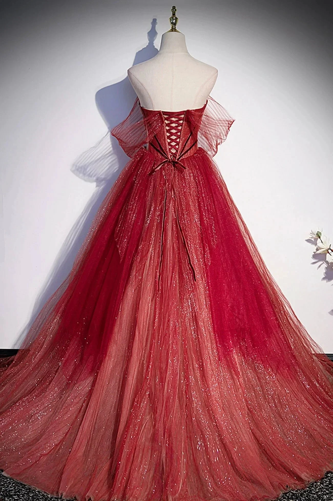 Burgundy tulle sequins long prom dress A line evening gown s55 - Image 5
