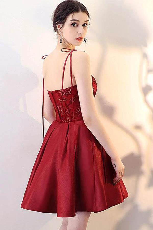 Burgundy V Neck Lace Short Prom Dress Homecoming Dress PD142 - Image 2
