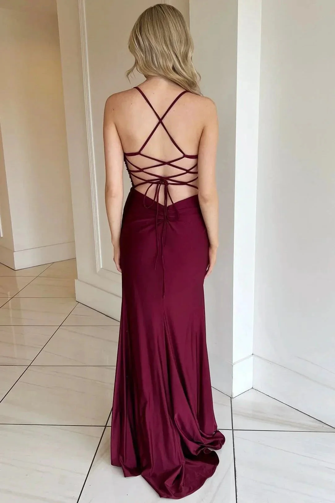 Rochelle | Burgundy V-Neck Lace-Up Long Formal Dress with Slit - Image 2