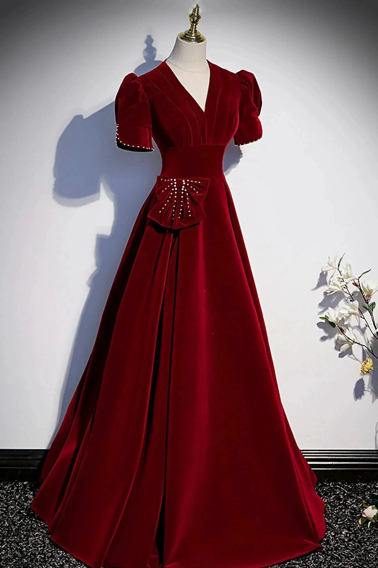 Burgundy v neck long prom dress A line evening dress s54 - Image 2