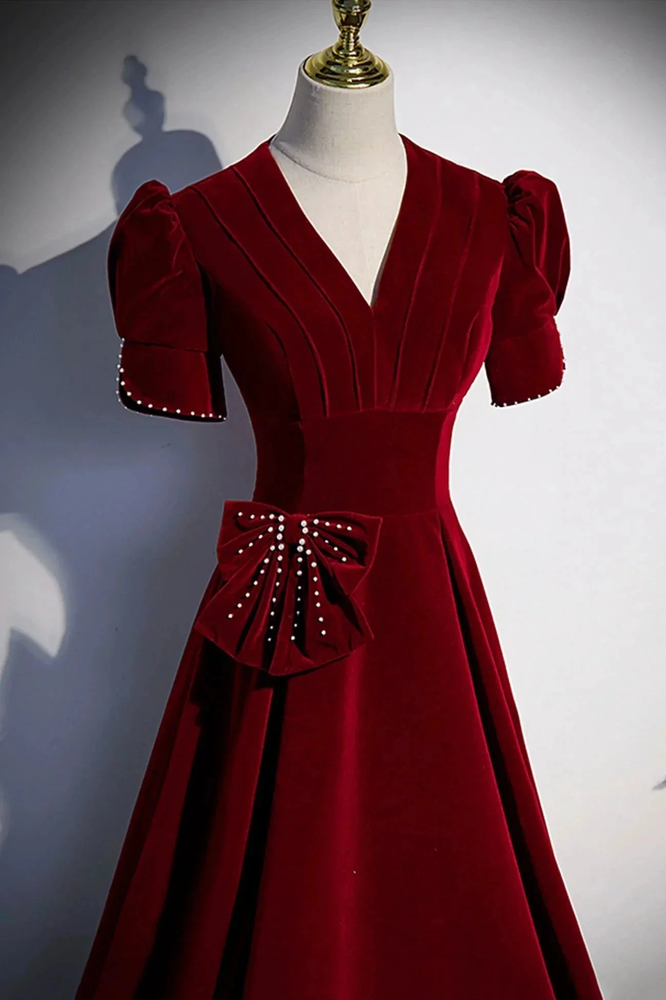 Burgundy v neck long prom dress A line evening dress s54 - Image 3