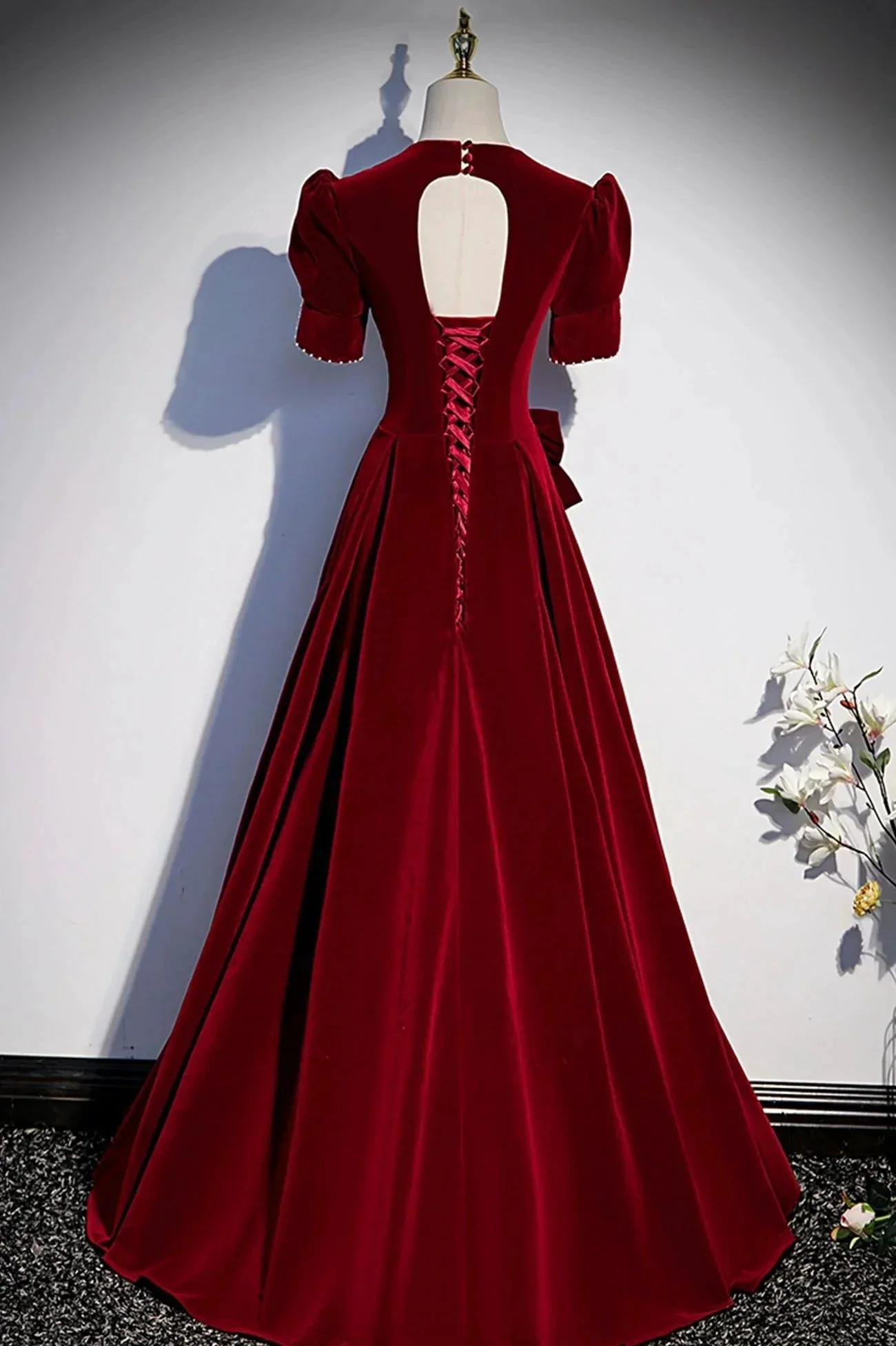 Burgundy v neck long prom dress A line evening dress s54 - Image 4