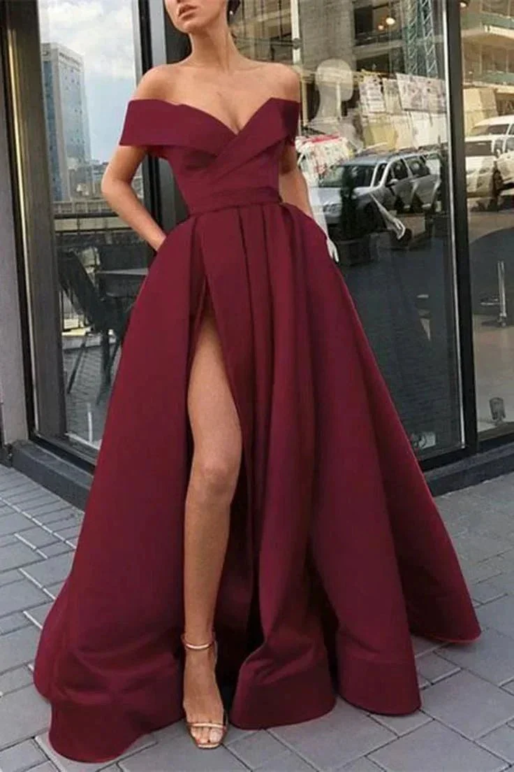 Burgundy v neck satin off shoulder long prom dress burgundy evening dress Y840 - Image 2